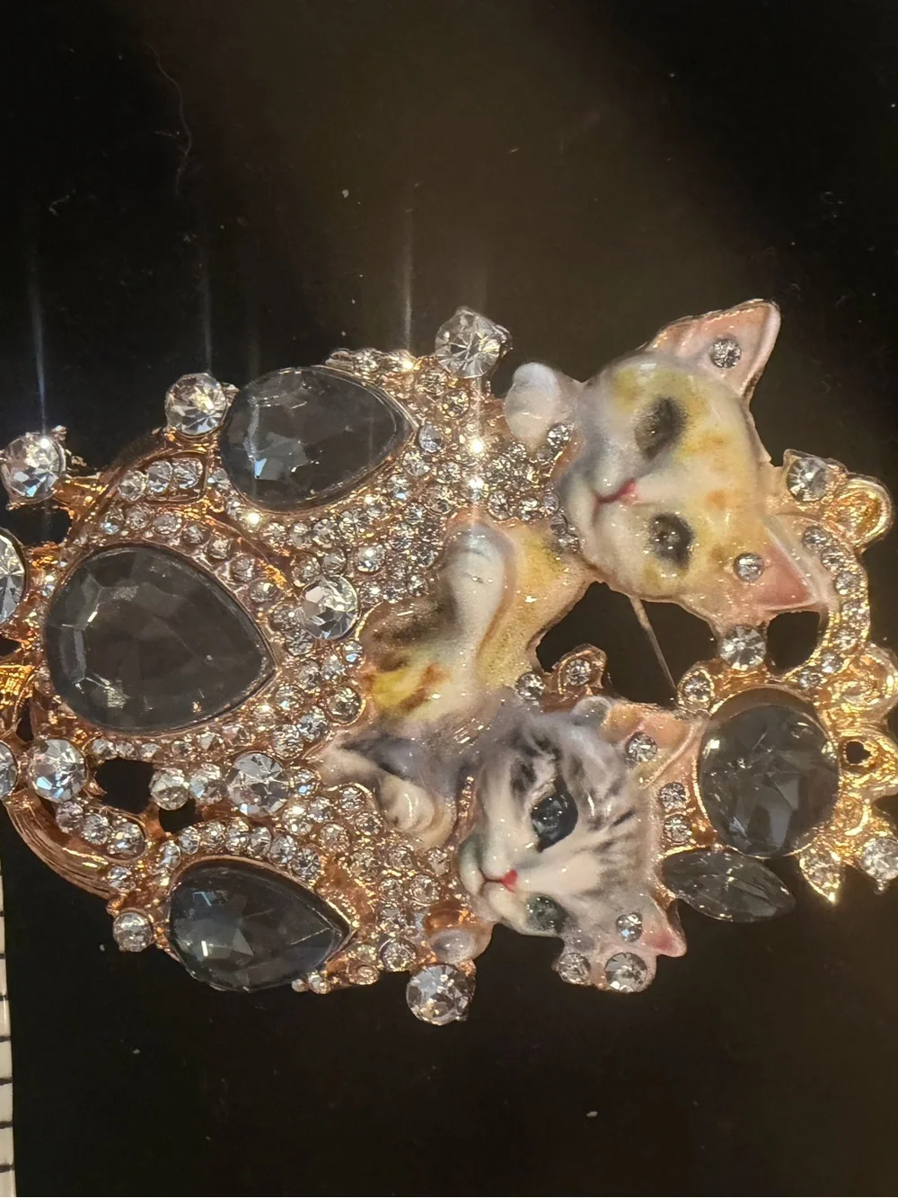 Vintage Cat Duo Crystal Brooch. Rare and unique.